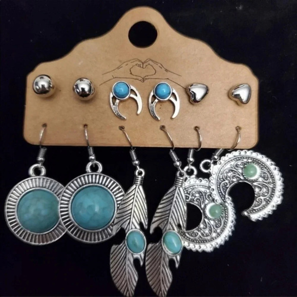 Boho Silver & Turquoise Earring Set | Western Bohemian Dangle Earrings - Picture 1 of 1